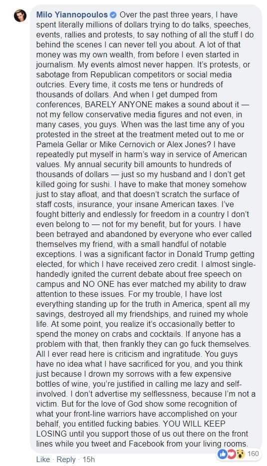 milo yiannopoulos facebook post rant